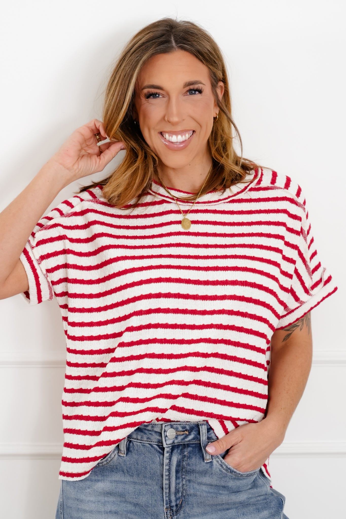 Door Buster! Zenana Stripe Jacquard Round-Neck Box Tee