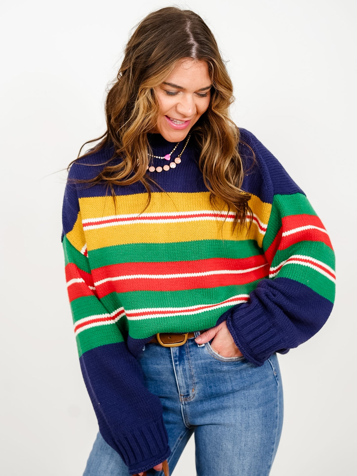 Multi Color Stripe Long Sleeve Mock Neck Pullover Sweater - Freckled Poppy