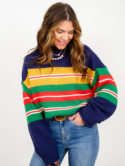 Multi Color Stripe Long Sleeve Mock Neck Pullover Sweater - Freckled Poppy