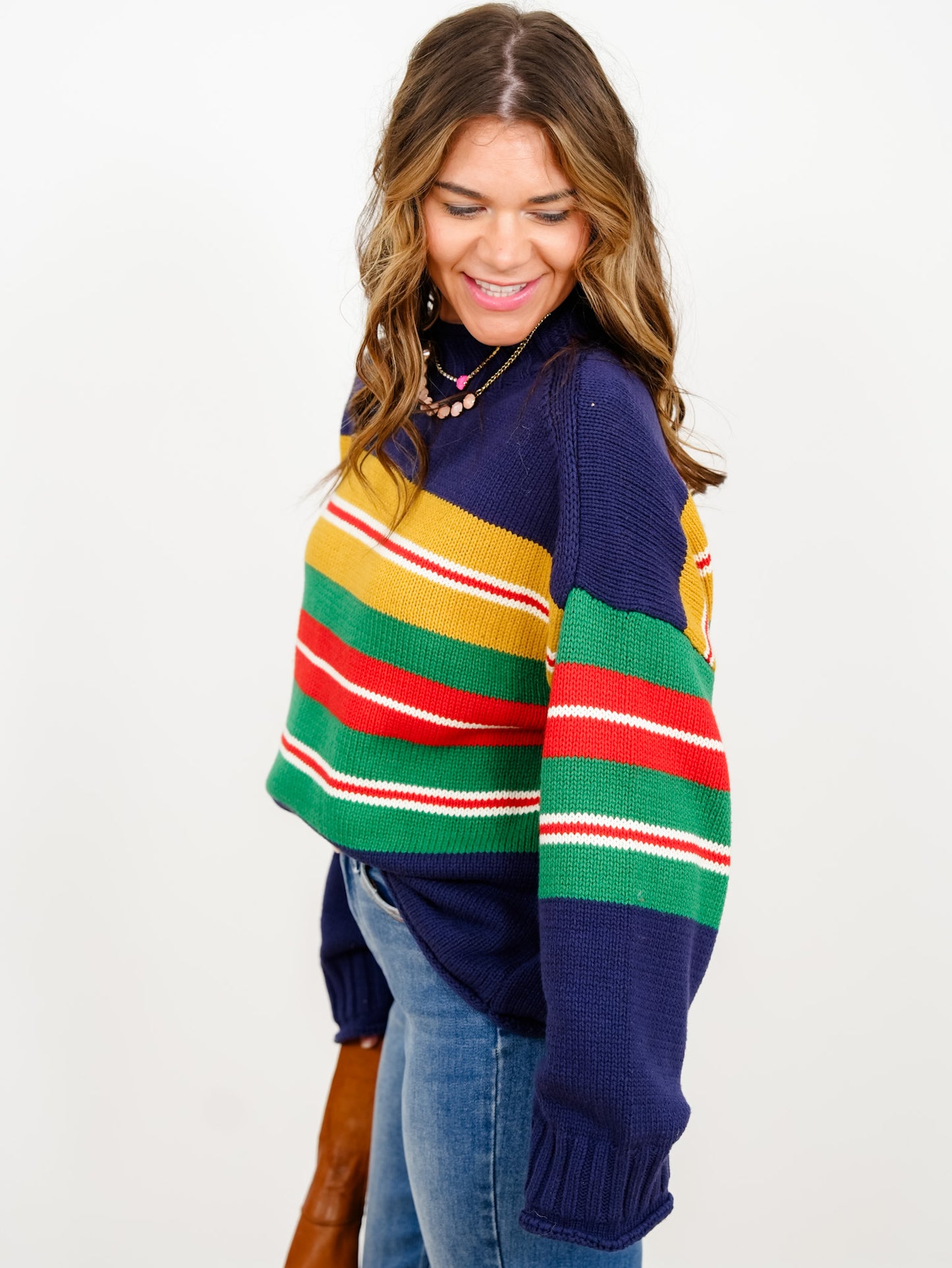Multi Color Stripe Long Sleeve Mock Neck Pullover Sweater - Freckled Poppy