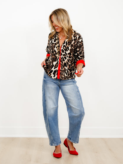 Leopard Print 3/4 Sleeve Button Down Top with Red Trim