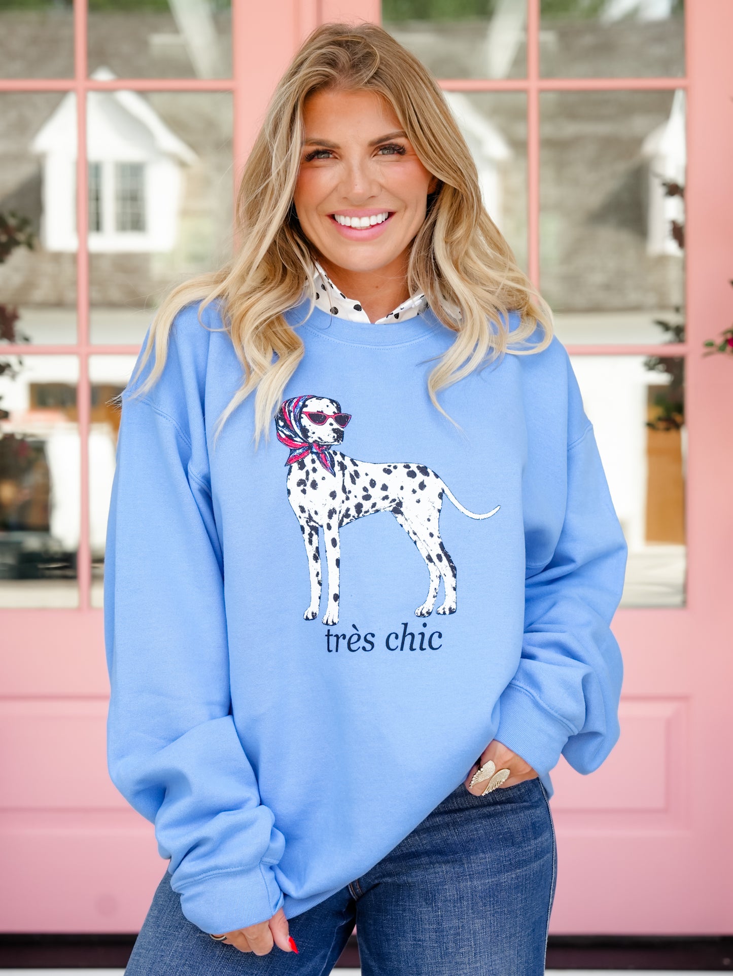 Long Sleeve Tres Chic Dalmatian Graphic Pullover Sweatshirt - Freckled Poppy