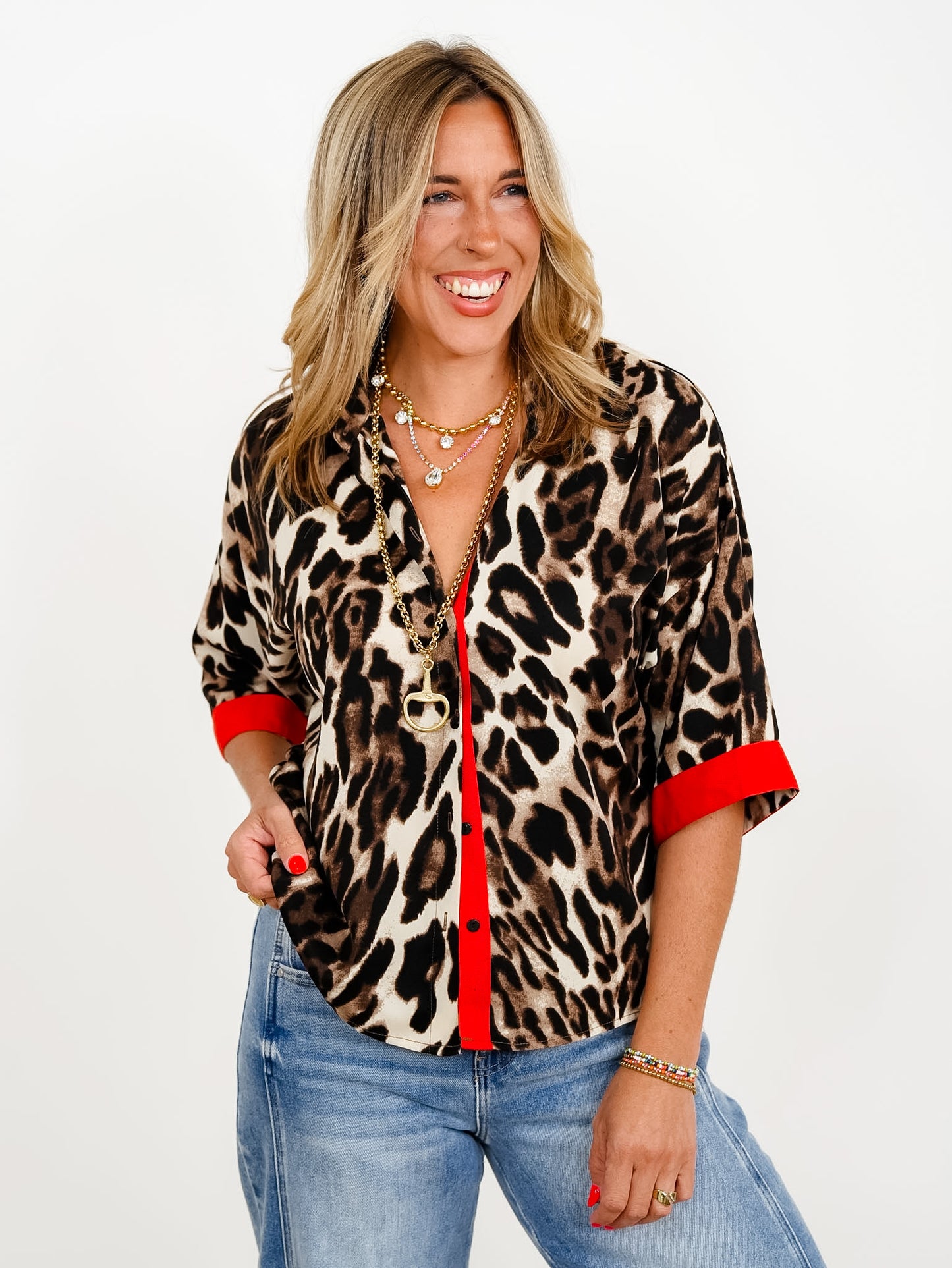Leopard Print 3/4 Sleeve Button Down Top with Red Trim