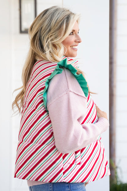 Plus/Reg Candy Stripe Flutter Sleeve Puffer Vest