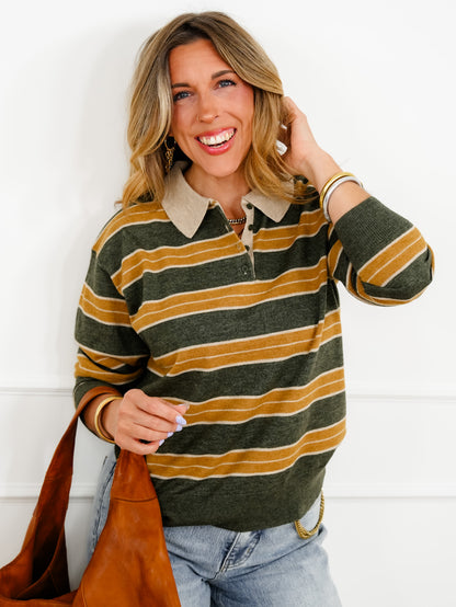 Striped Long Sleeve Rugby Style Sweater