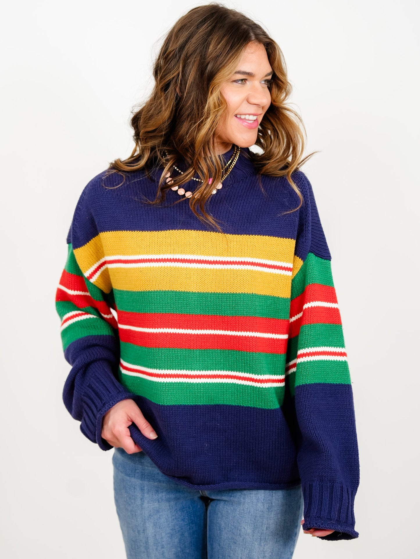 Multi Color Stripe Long Sleeve Mock Neck Pullover Sweater - Freckled Poppy