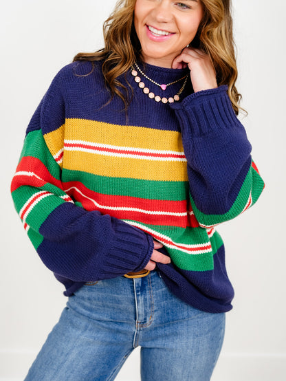 Multi Color Stripe Long Sleeve Mock Neck Pullover Sweater - Freckled Poppy