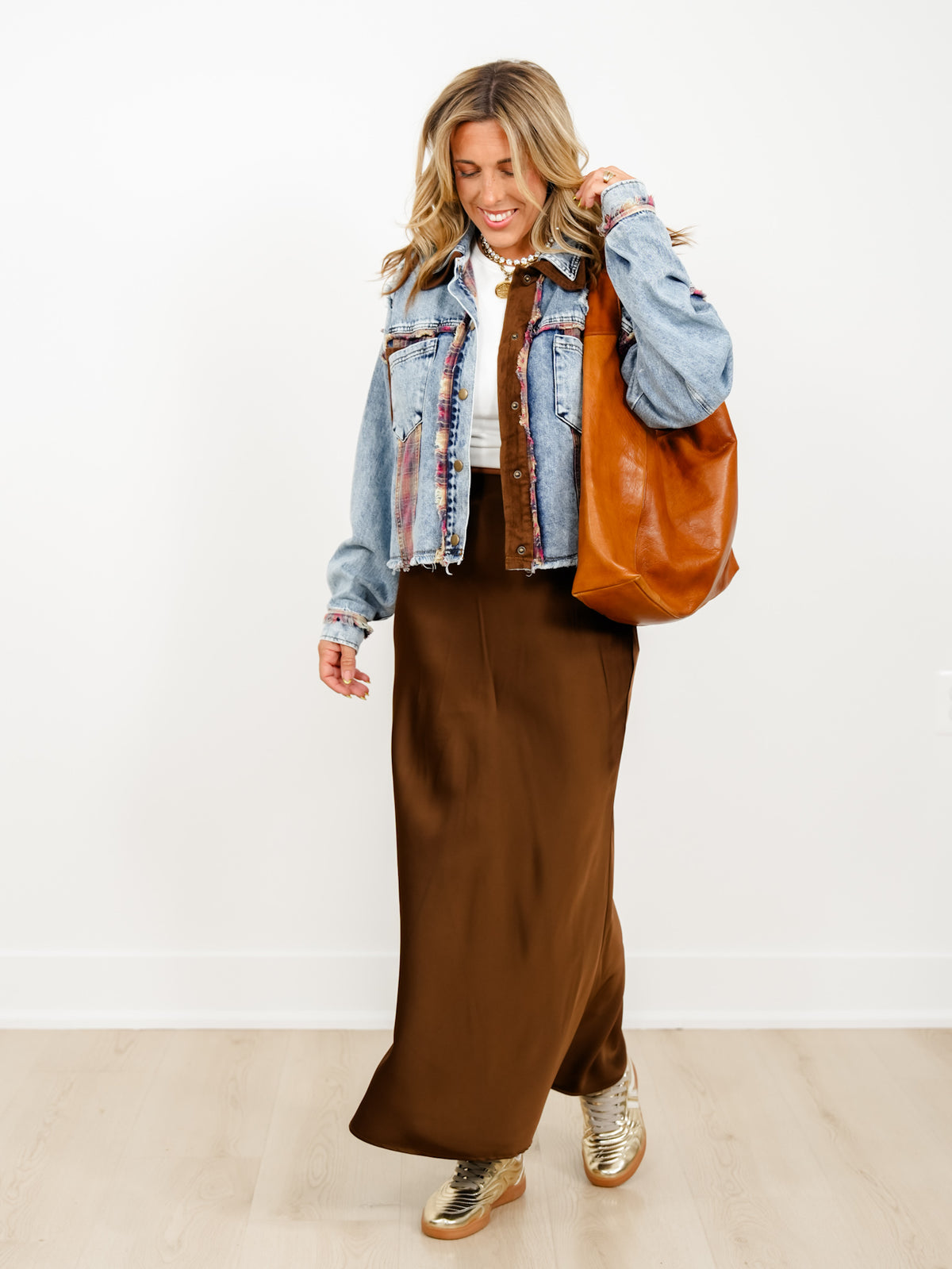 Distressed Long Sleeve Button Down Jacket with Plaid Trim - Freckled Poppy