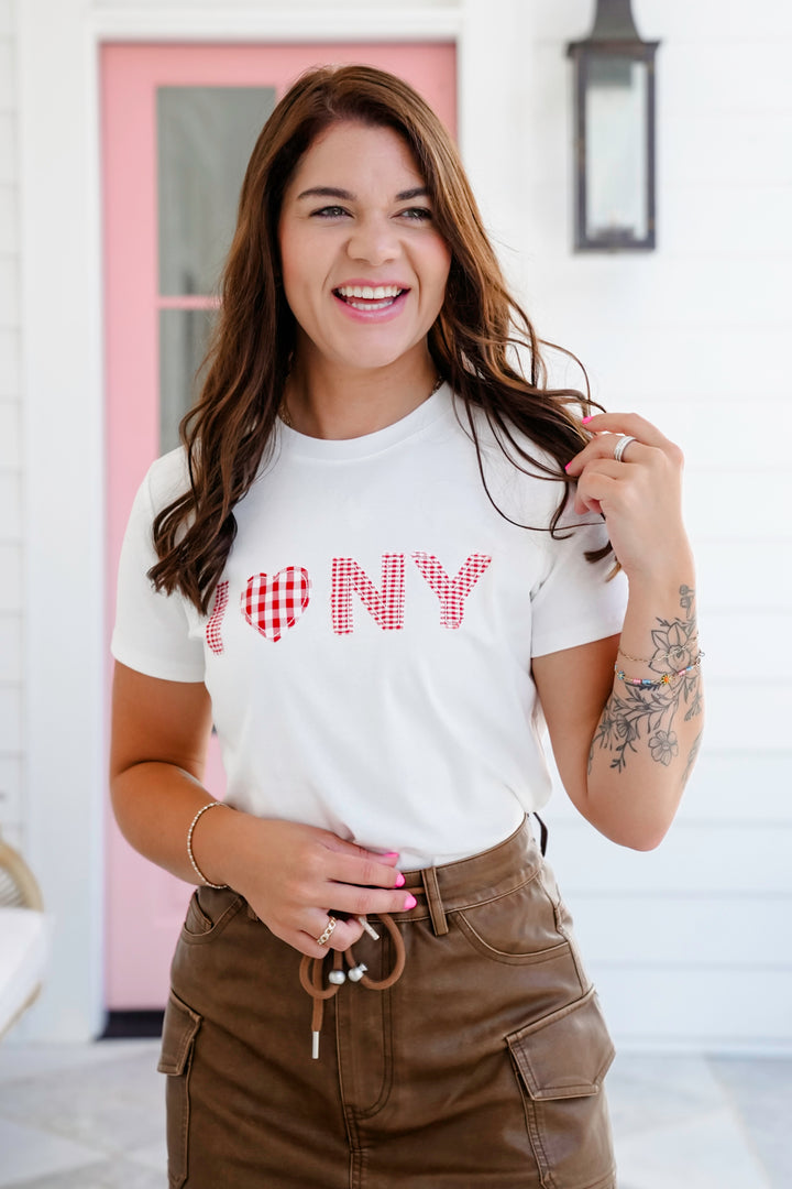 Short Sleeve " I Love NY" Gingham Patch Top