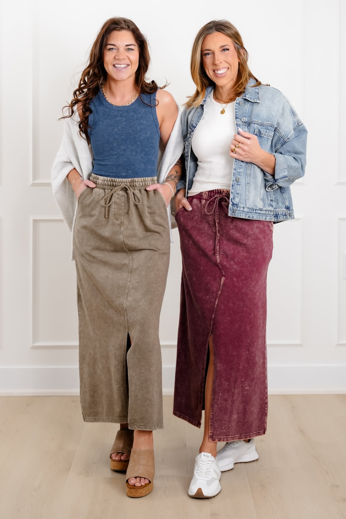 Door Buster! Zenana French Terry Acid Washed Front Slit Long Skirts