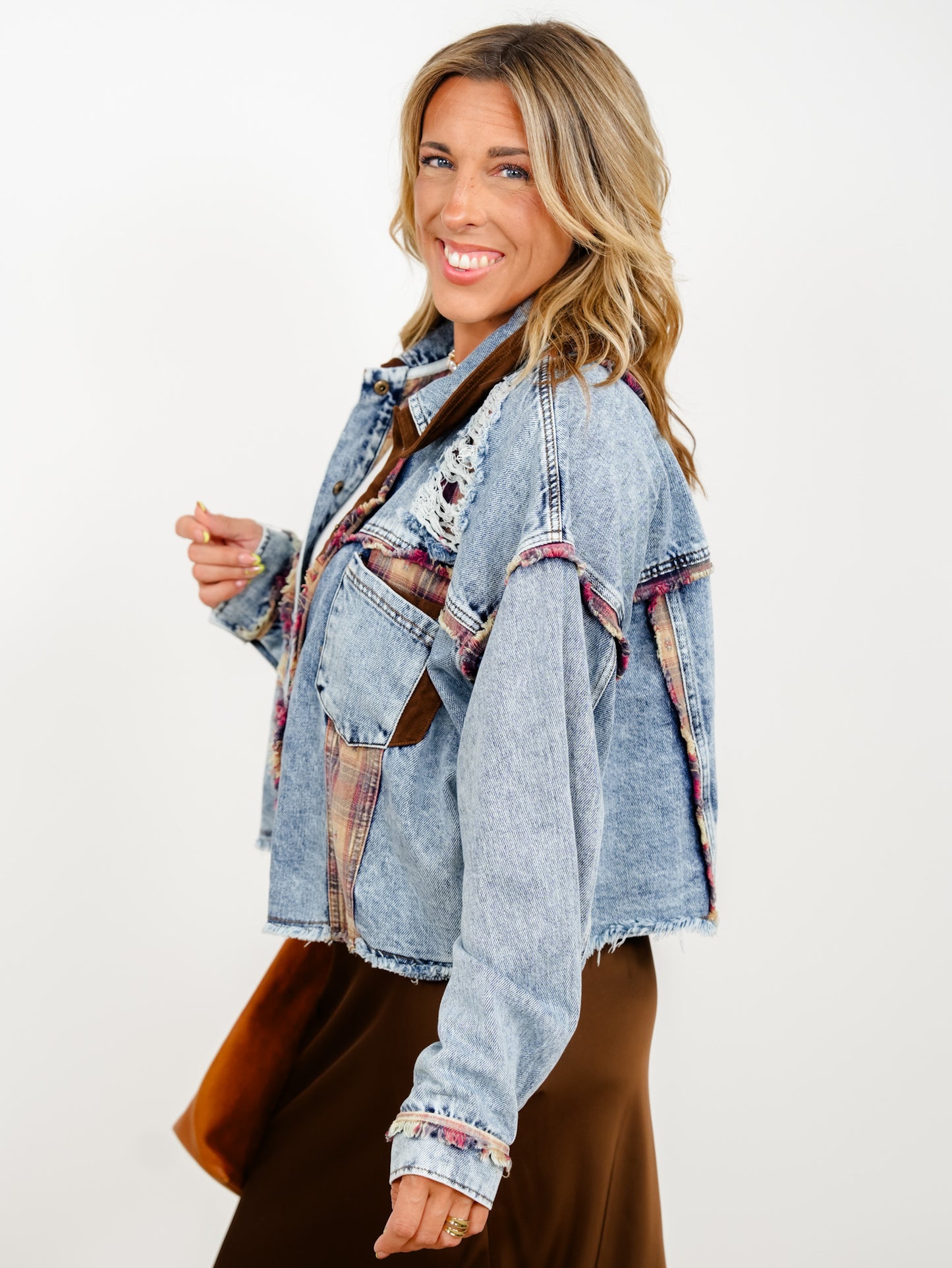 Distressed Long Sleeve Button Down Jacket with Plaid Trim - Freckled Poppy