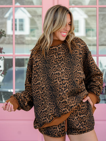 Cheetah Print Long Sleeve Sweatshirt and Elastic Waist Shorts Set