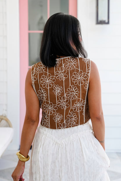 Floral Embroidered Tie Front Vest