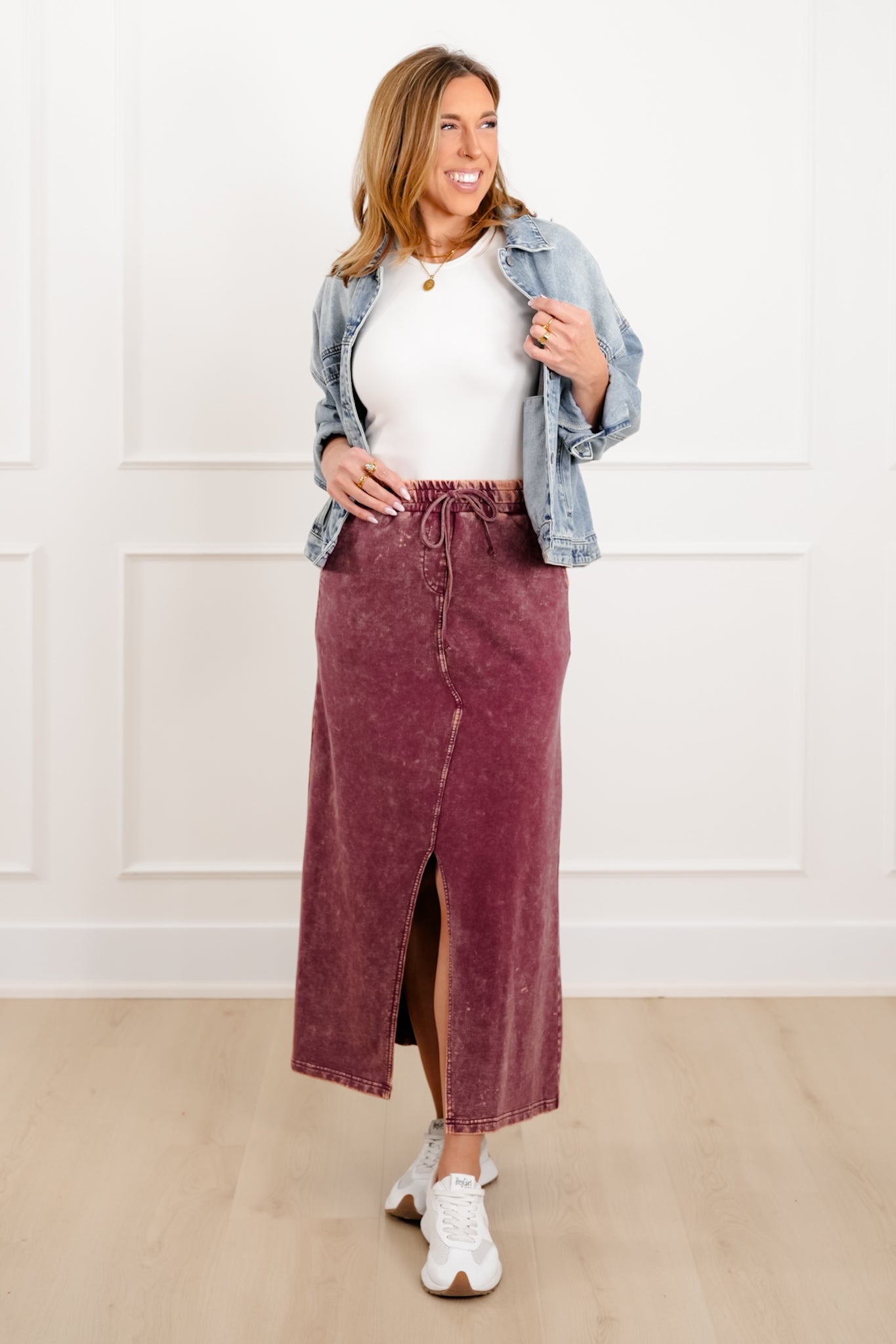 Door Buster! Zenana French Terry Acid Washed Front Slit Long Skirts