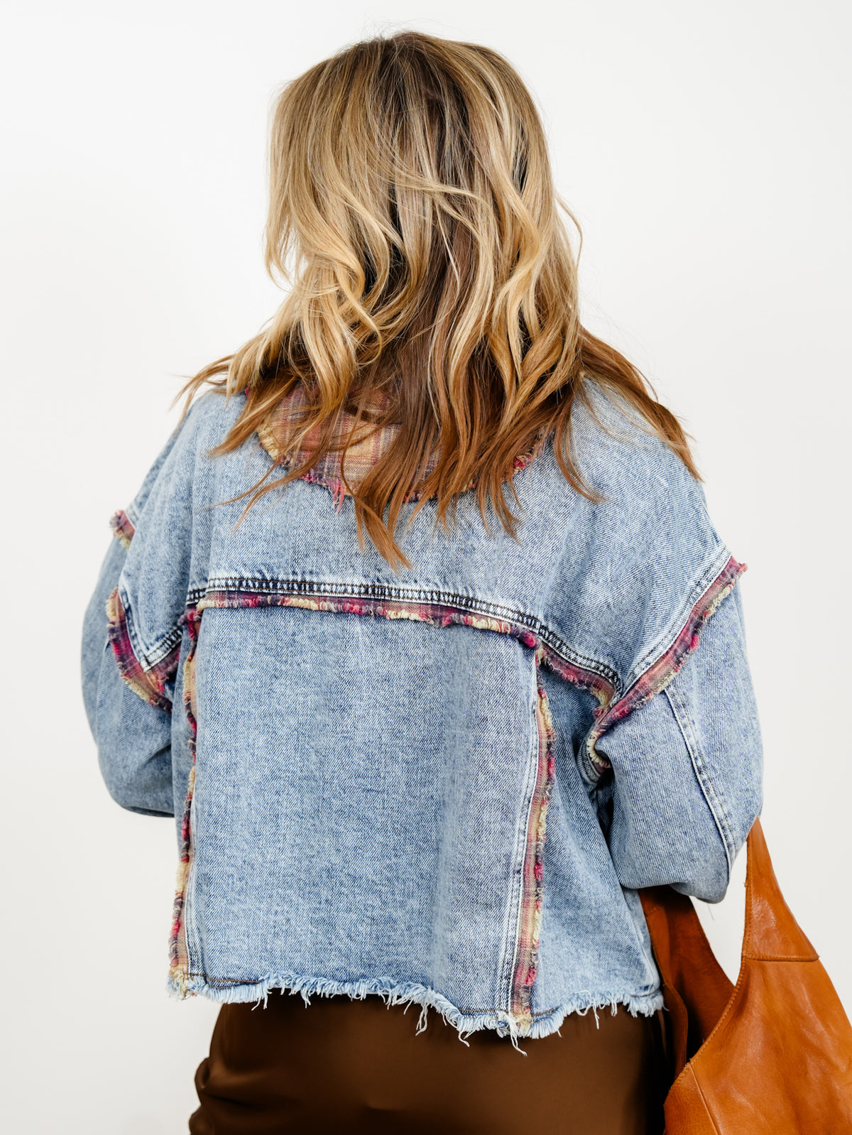 Distressed Long Sleeve Button Down Jacket with Plaid Trim - Freckled Poppy