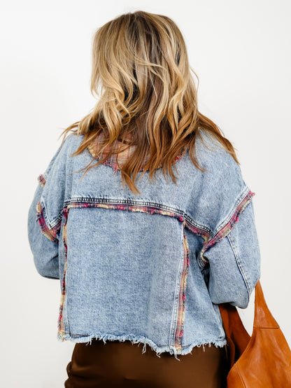 Distressed Long Sleeve Button Down Jacket with Plaid Trim - Freckled Poppy