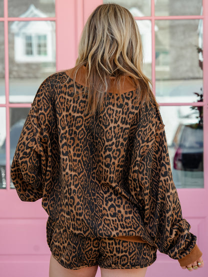 Cheetah Print Long Sleeve Sweatshirt and Elastic Waist Shorts Set