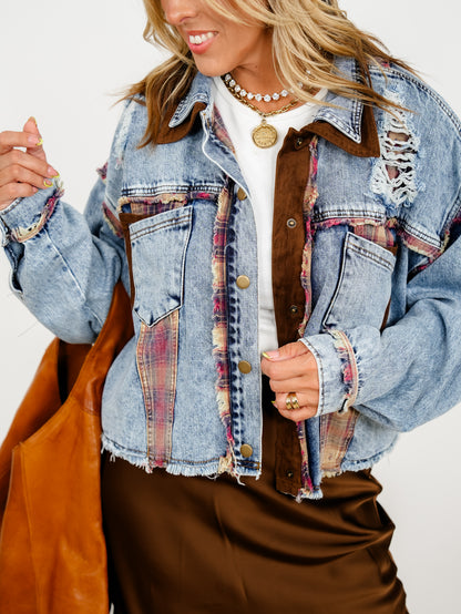 Distressed Long Sleeve Button Down Jacket with Plaid Trim - Freckled Poppy
