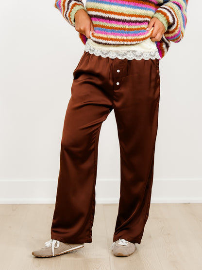Satin Elastic Waist Pants with Side Pockets