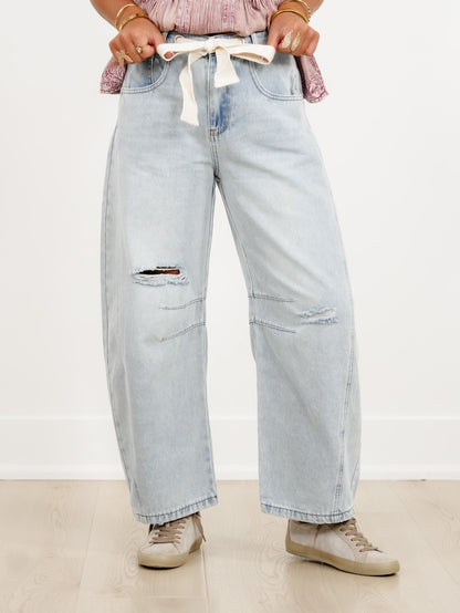 Distressed Light Wash Barrel Jeans with Eyelet Belt