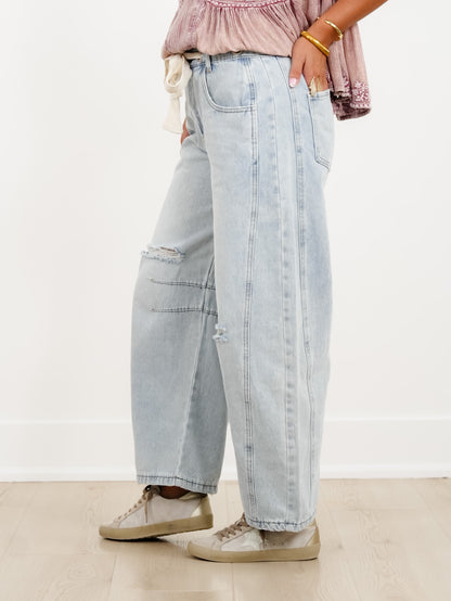 Distressed Light Wash Barrel Jeans with Eyelet Belt