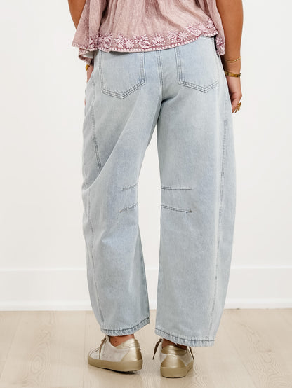 Distressed Light Wash Barrel Jeans with Eyelet Belt