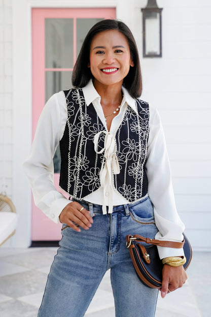 Floral Embroidered Tie Front Vest