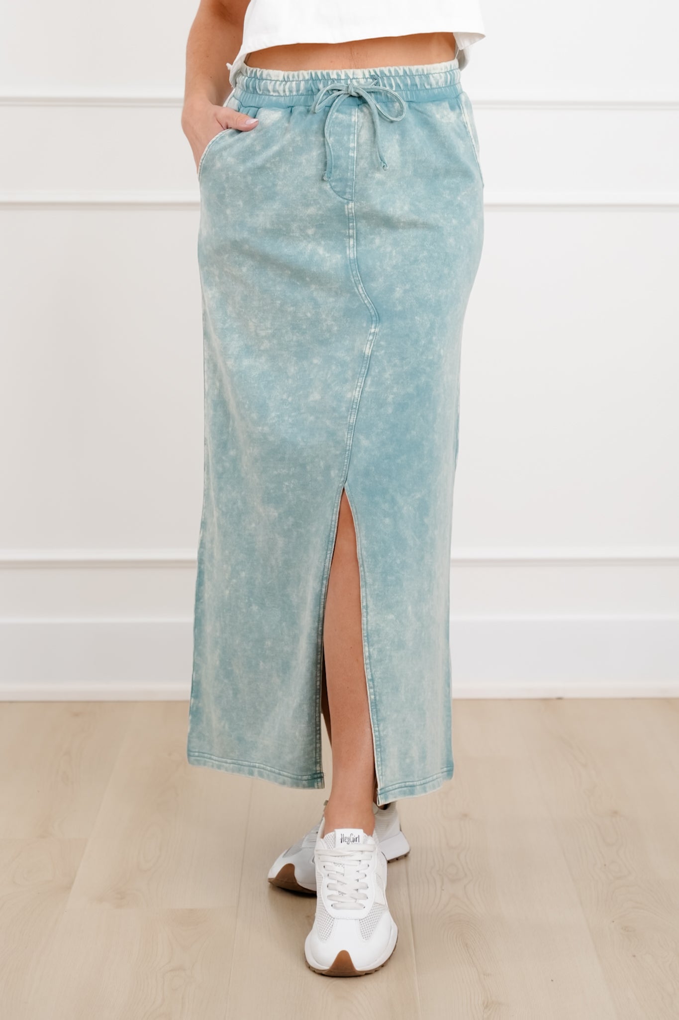 Door Buster! Zenana French Terry Acid Washed Front Slit Long Skirts