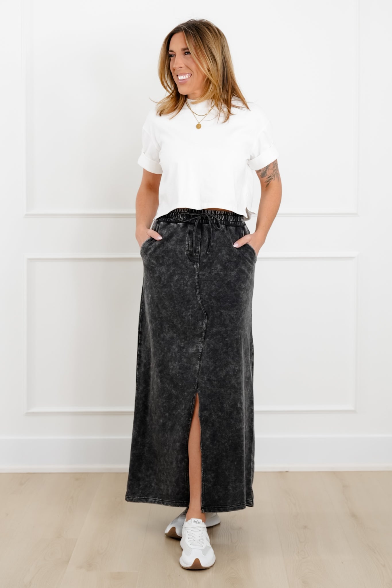 Door Buster! Zenana French Terry Acid Washed Front Slit Long Skirts