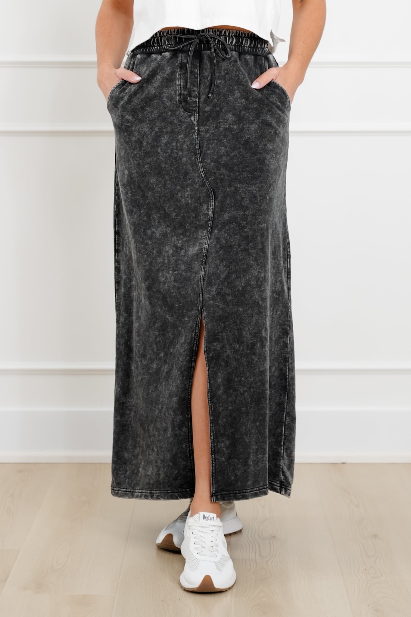 Door Buster! Zenana French Terry Acid Washed Front Slit Long Skirts