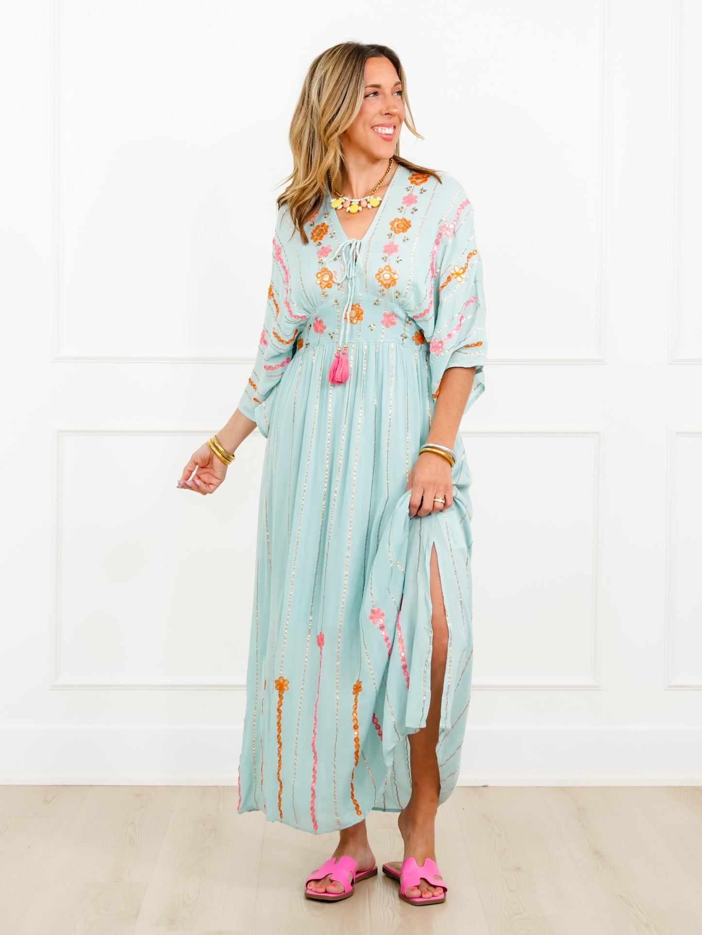 POL Floral Embroidered 3/4 Sleeve V Neck Maxi Dress