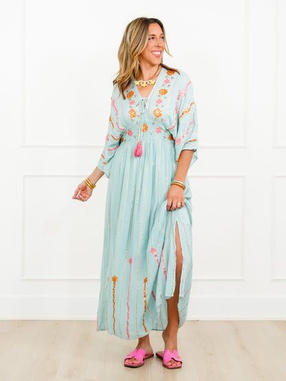 POL Floral Embroidered 3/4 Sleeve V Neck Maxi Dress