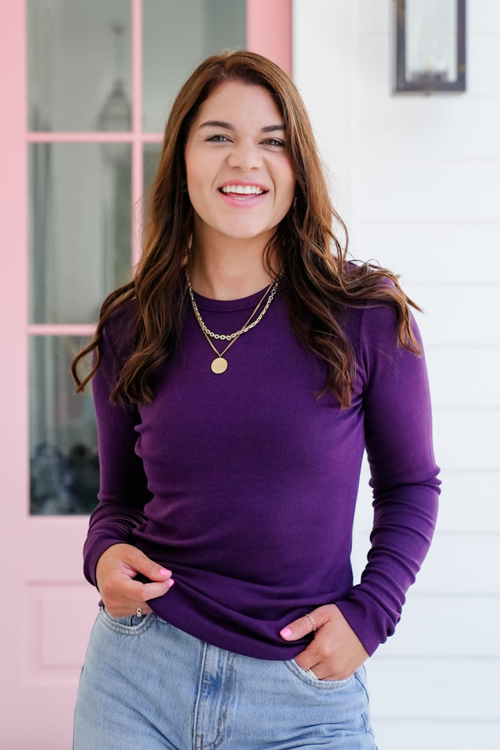 Solid Ribbed Long Sleeve Crew Neck Top