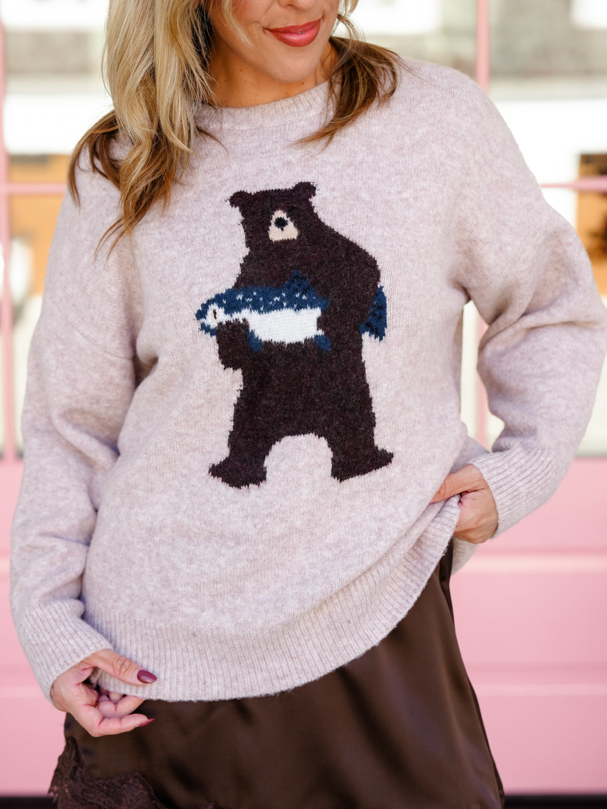 Taupe Long Sleeve Bear with Salmon Pullover Sweater - Freckled Poppy