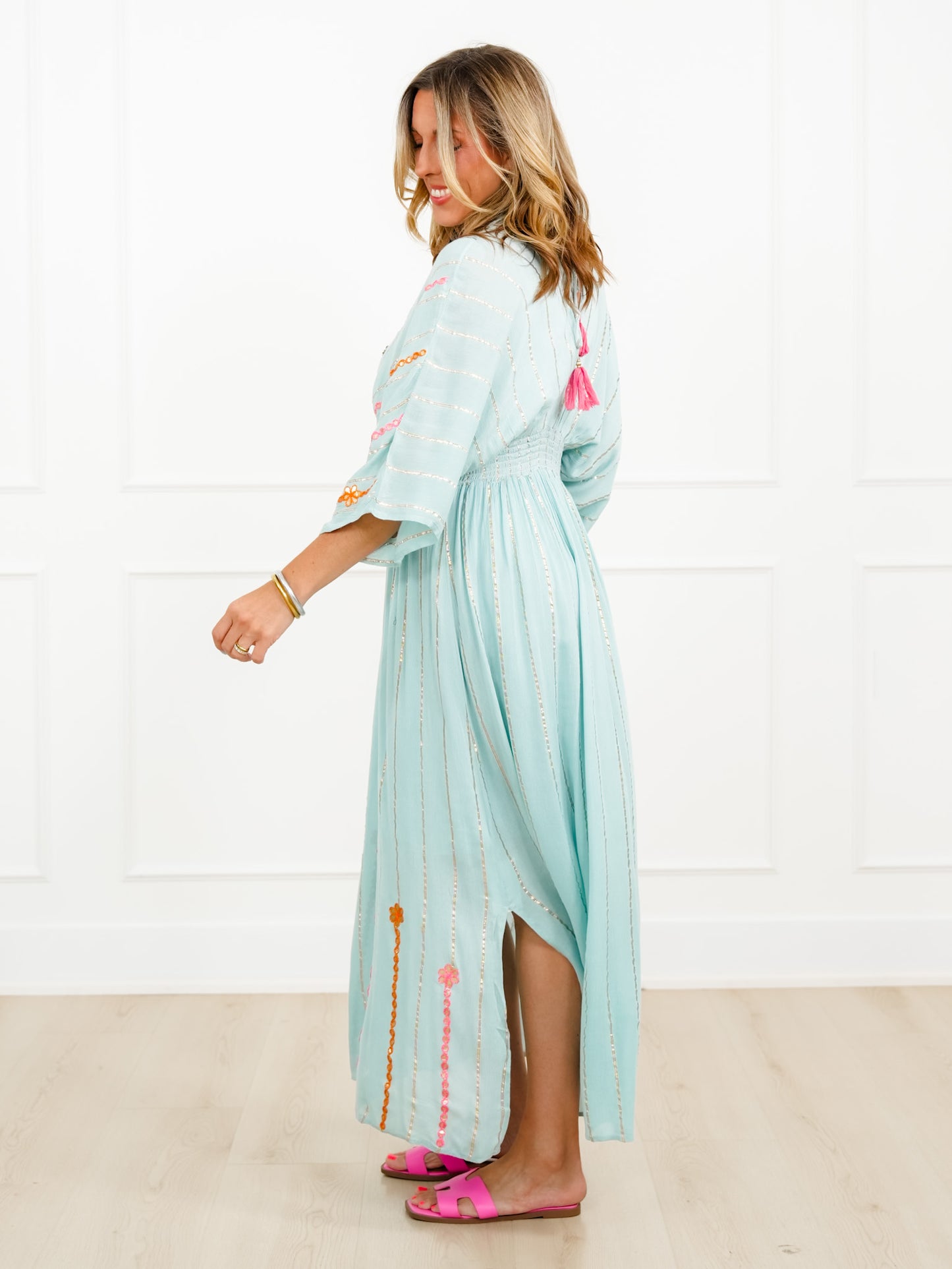 POL Floral Embroidered 3/4 Sleeve V Neck Maxi Dress