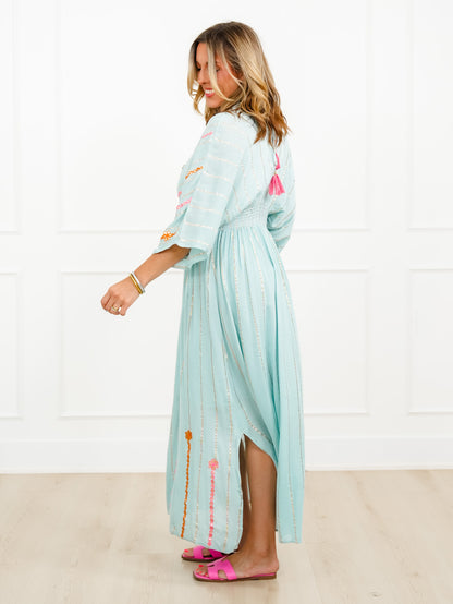 POL Floral Embroidered 3/4 Sleeve V Neck Maxi Dress