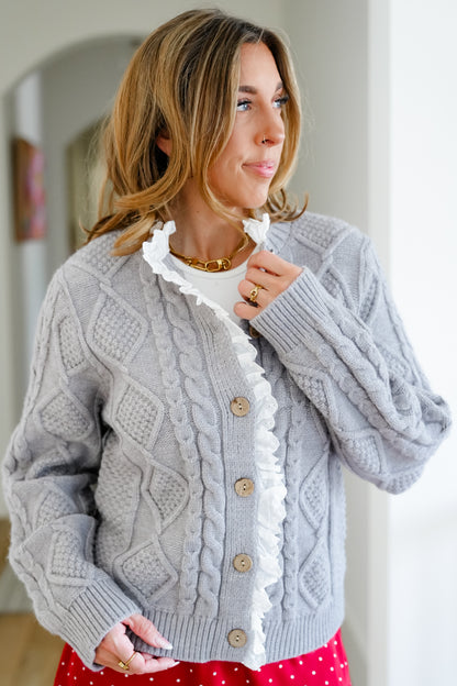 Cable Knit Button Down Cardigan with Eyelet Trim