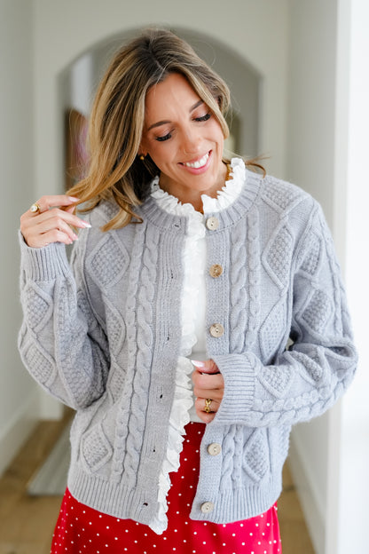 Cable Knit Button Down Cardigan with Eyelet Trim