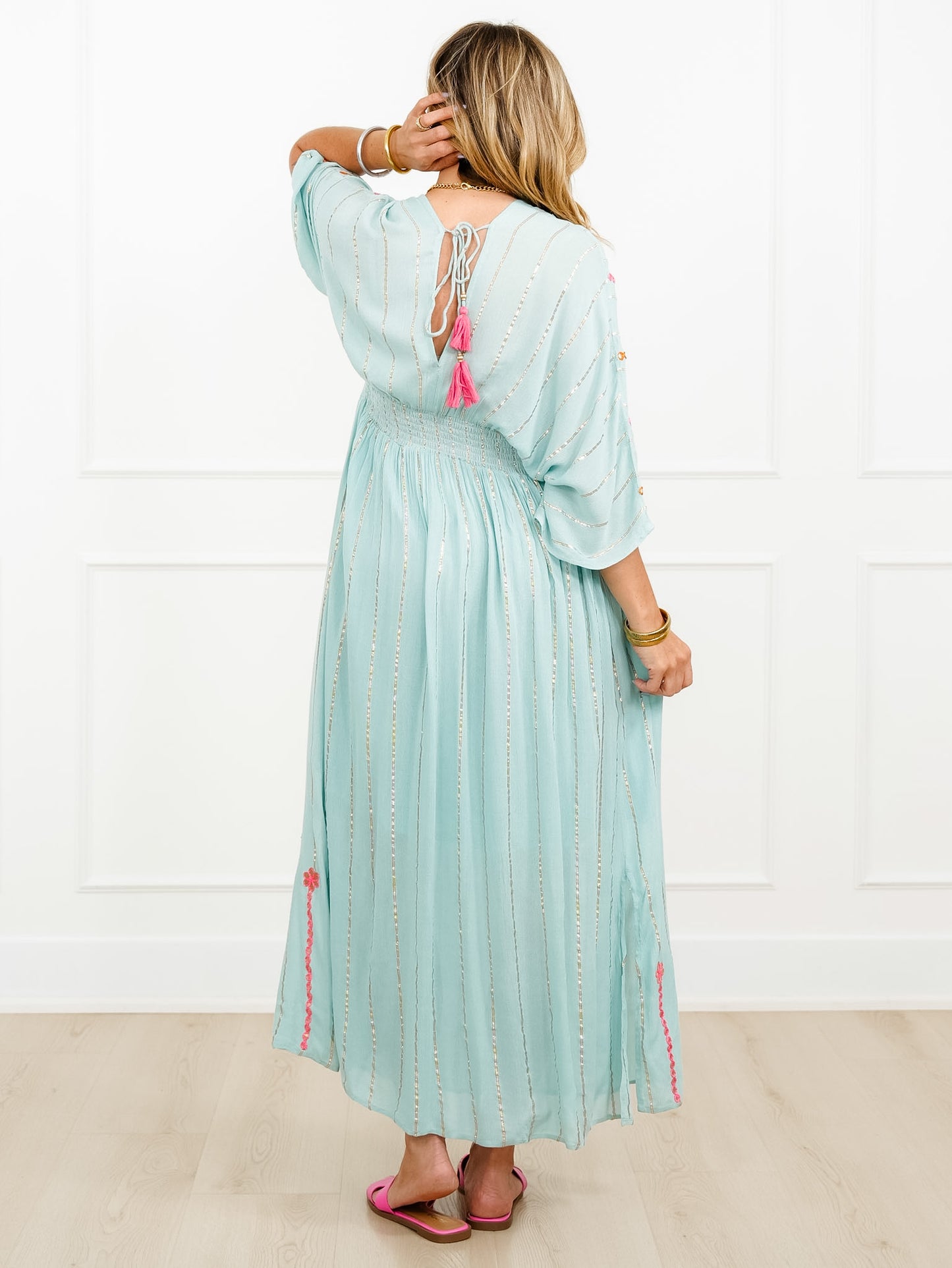 POL Floral Embroidered 3/4 Sleeve V Neck Maxi Dress