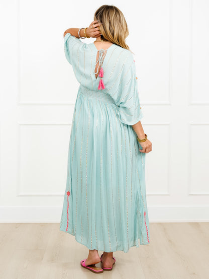 POL Floral Embroidered 3/4 Sleeve V Neck Maxi Dress