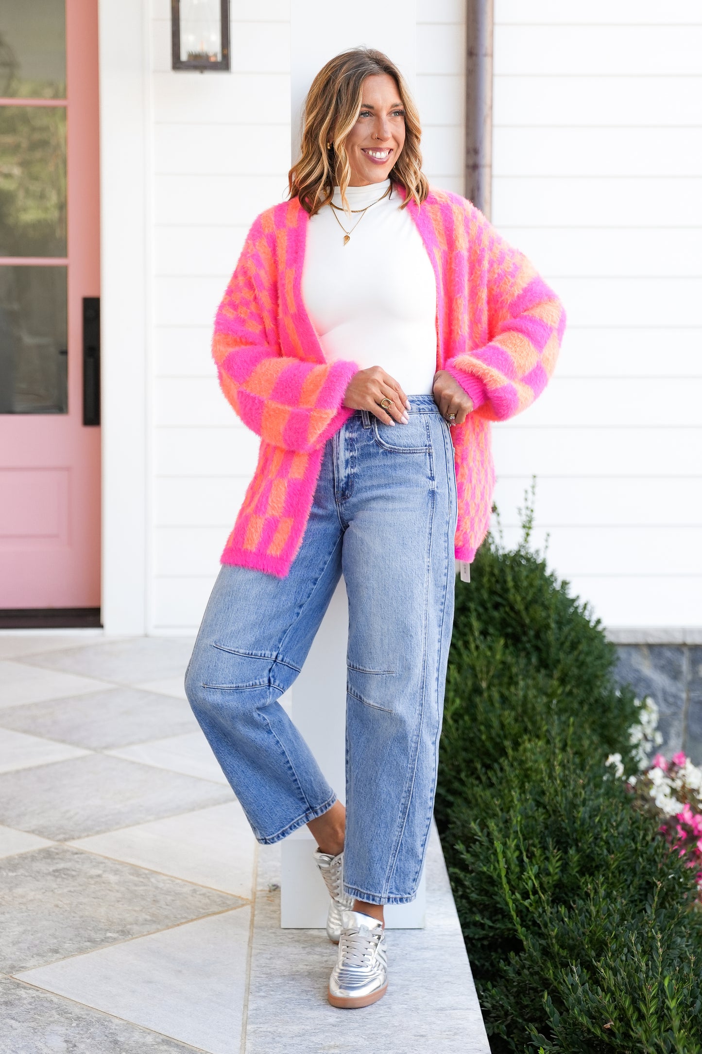 Plus/Reg Checkered Long Sleeve Cardigan Sweater