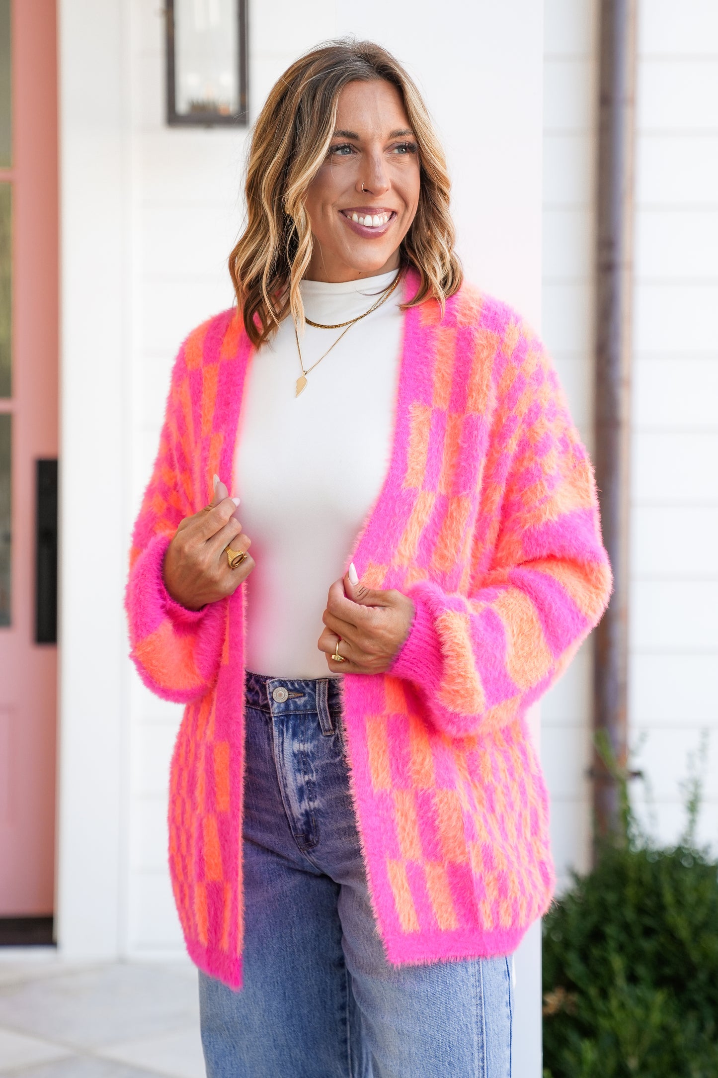 Plus/Reg Checkered Long Sleeve Cardigan Sweater