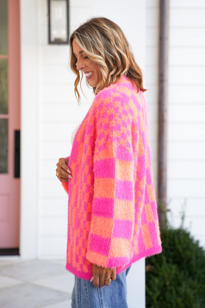 Plus/Reg Checkered Long Sleeve Cardigan Sweater