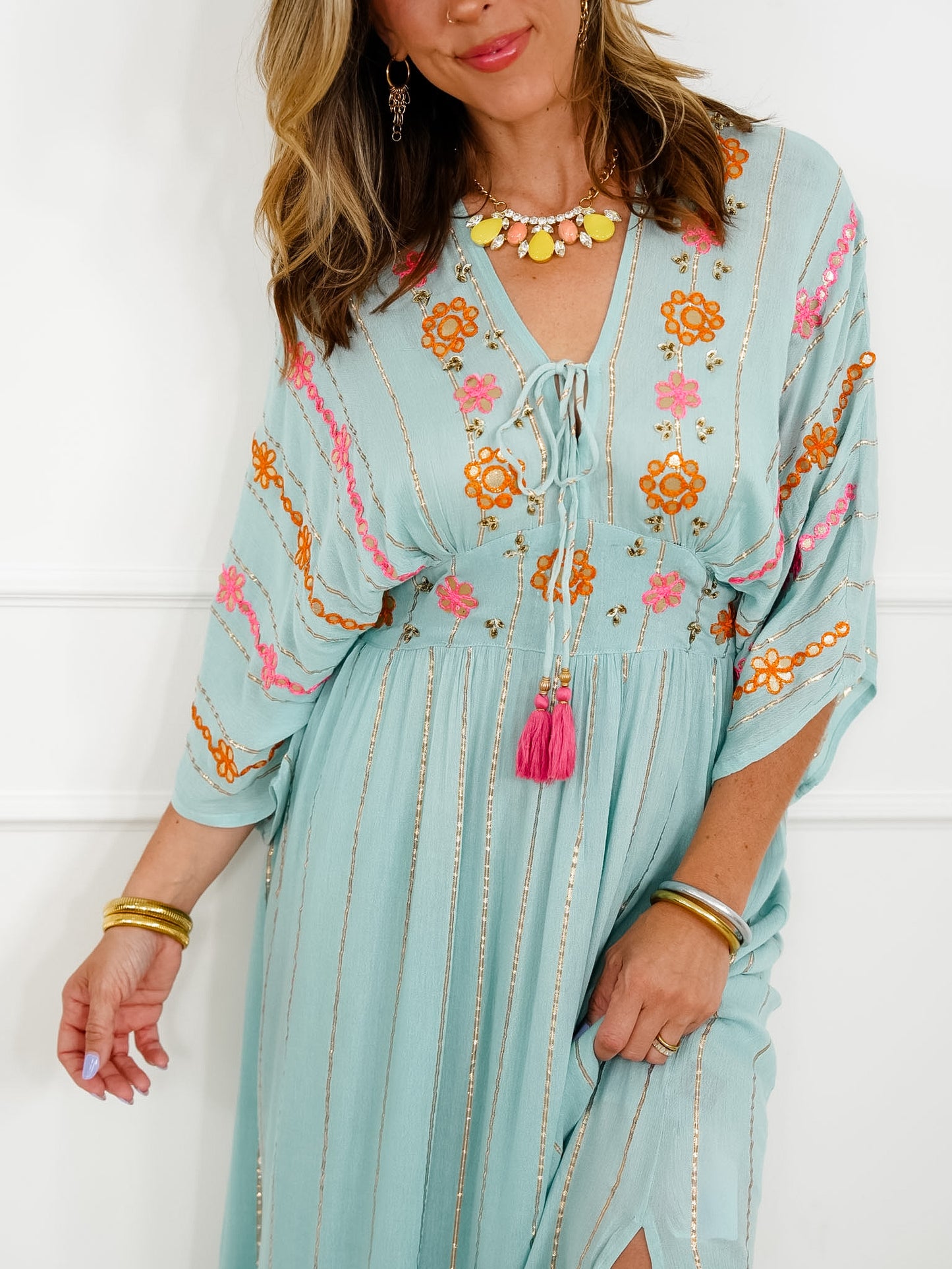 POL Floral Embroidered 3/4 Sleeve V Neck Maxi Dress