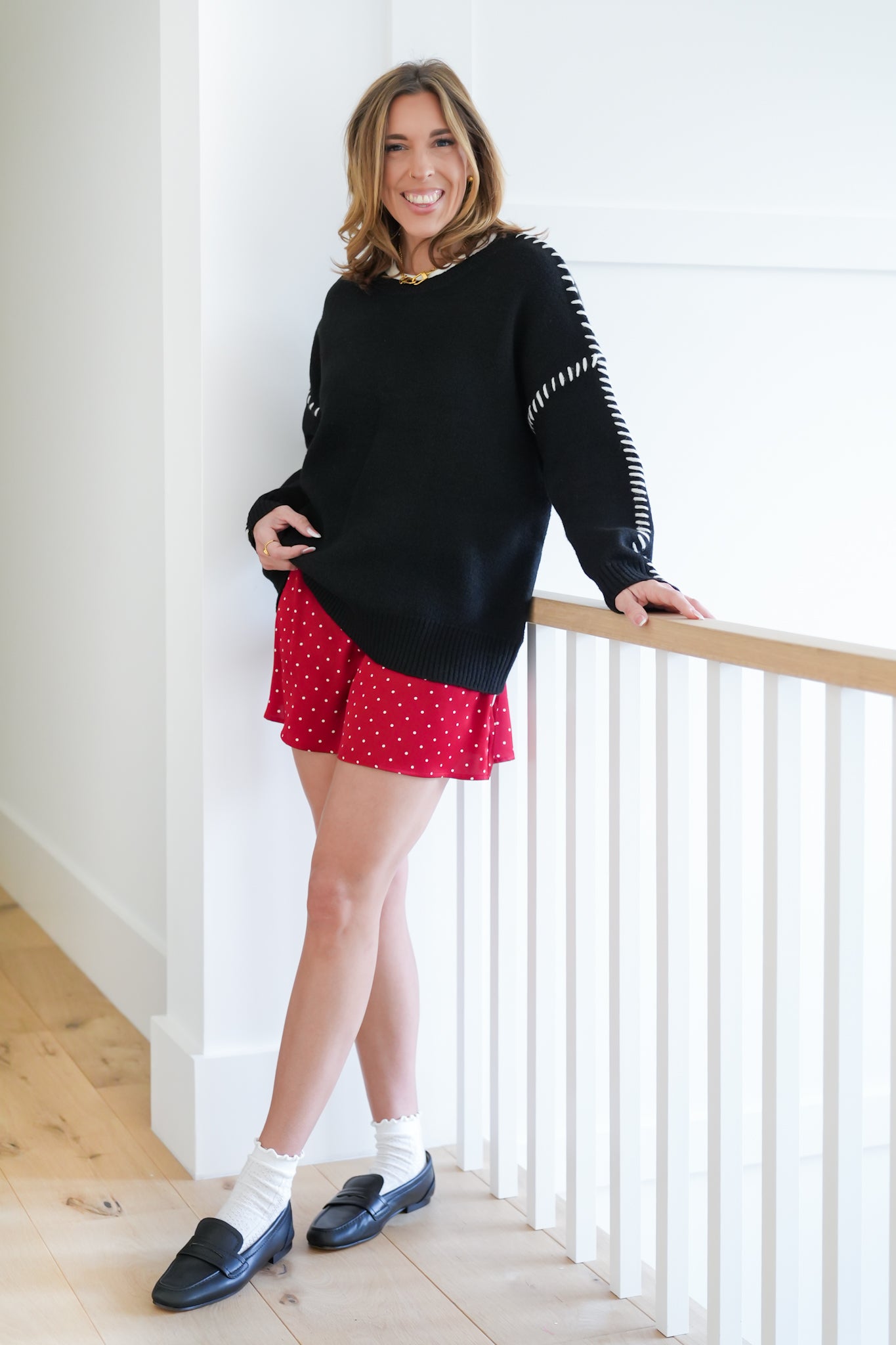 Plus/Reg Long Sleeve Round Neck Sweater with Blanket Stitch Accents