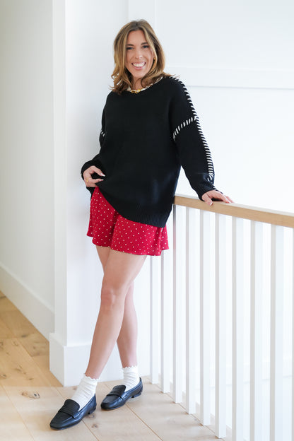 Plus/Reg Long Sleeve Round Neck Sweater with Blanket Stitch Accents