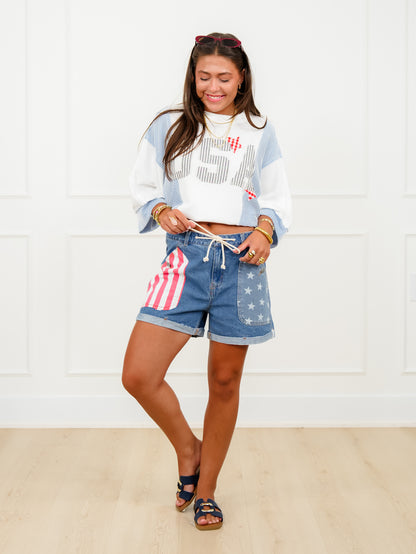 Medium Wash Americana Flag Short With Drawstring