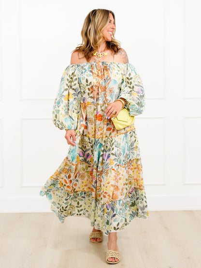 POL Floral Pattern 3/4 Sleeve Tiered Maxi Dress