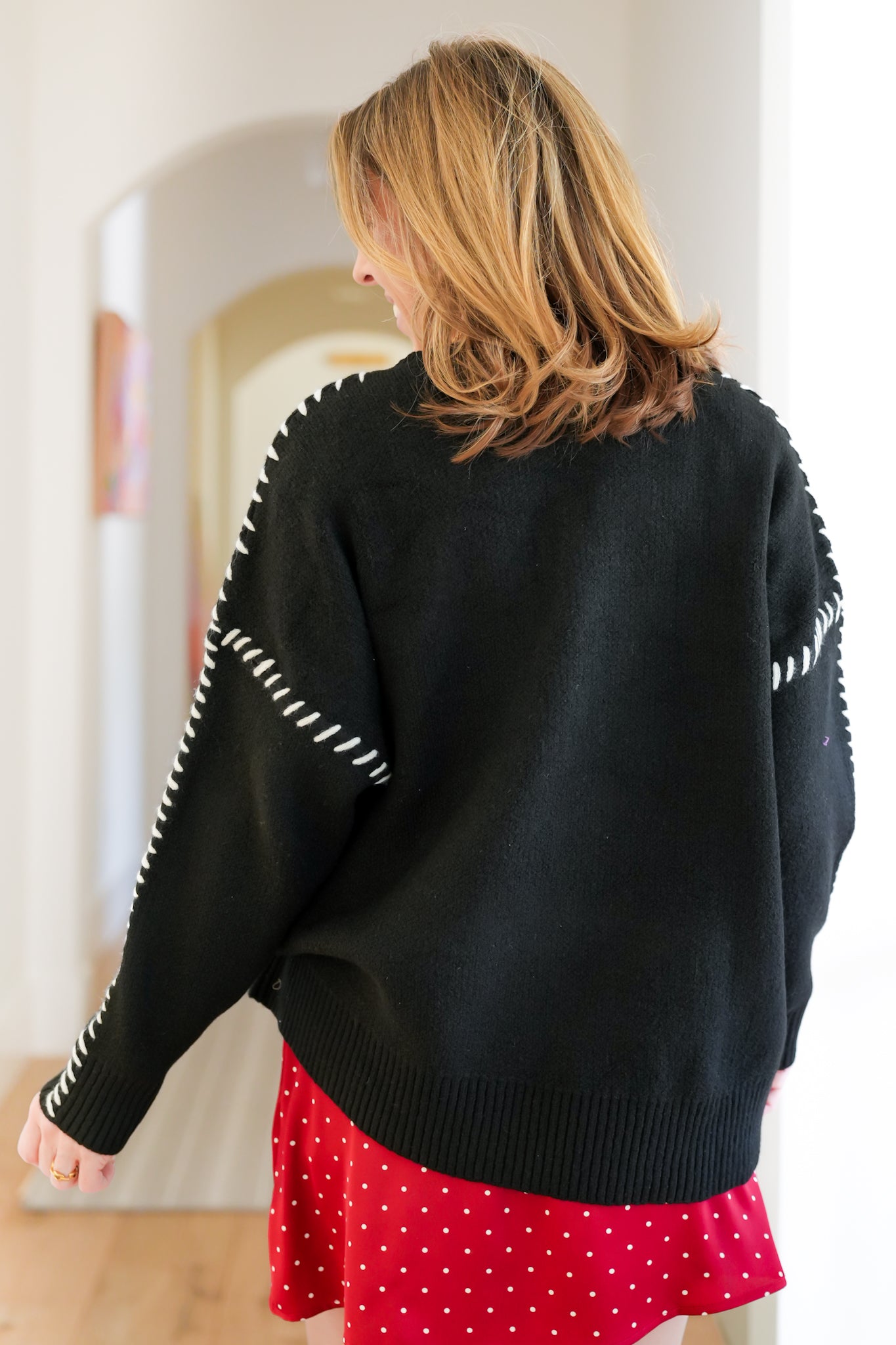 Plus/Reg Long Sleeve Round Neck Sweater with Blanket Stitch Accents