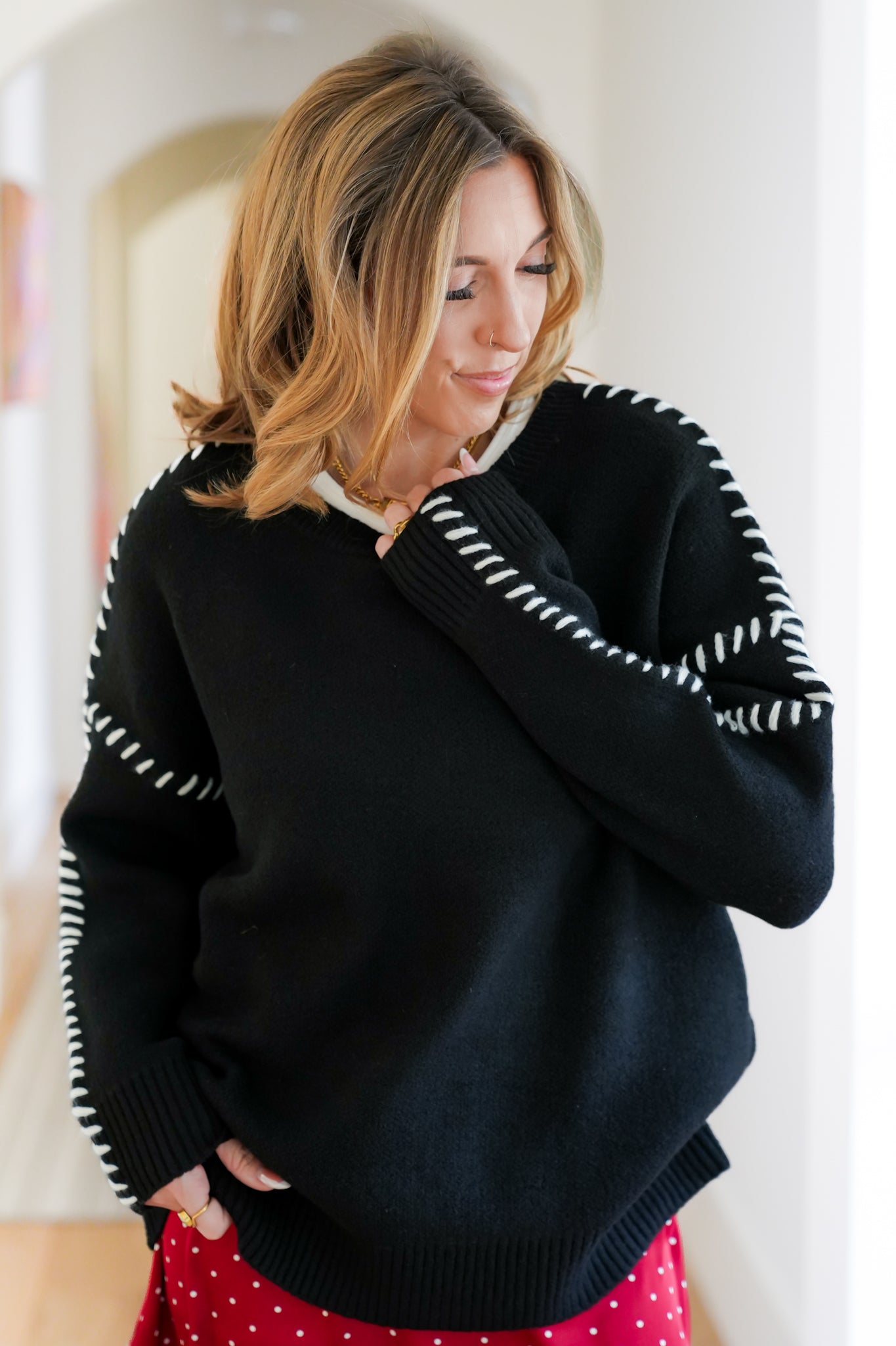 Plus/Reg Long Sleeve Round Neck Sweater with Blanket Stitch Accents